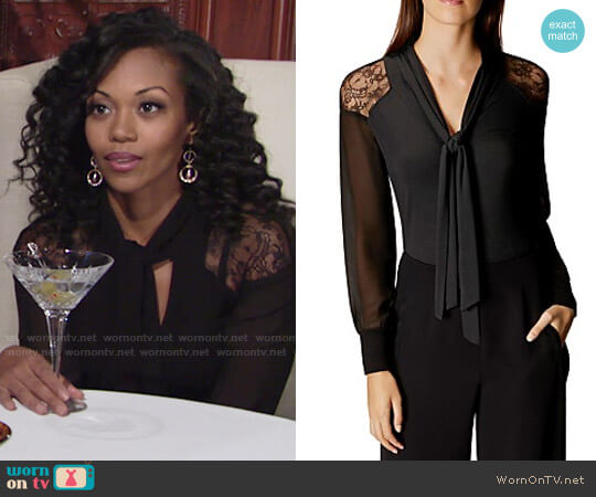 Lace Shoulder Tie Neck Blouse by worn by Hilary Curtis (Mishael Morgan) on The Young and the Restless