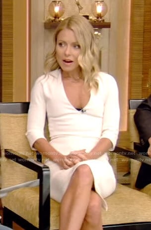 Kelly’s white elbow sleeved sheath dress on Live with Kelly and Ryan