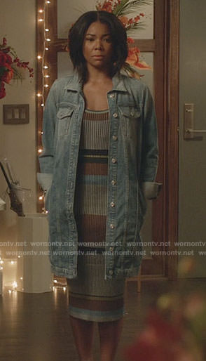 Mary Jane’s striped midi dress and long denim jacket on Being Mary Jane