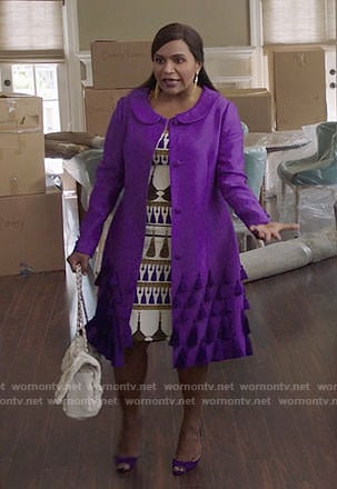 Mindy’s tassel print dress and purple coat on The Mindy Project