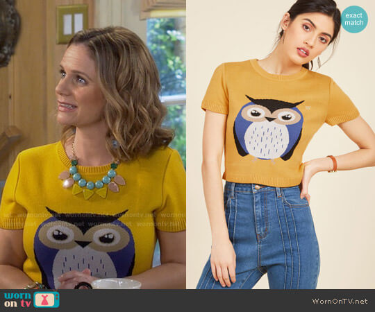 Modcloth Says Hoot? Sweater worn by Kimmy Gibbler (Andrea Barber) on Fuller House