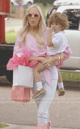 Kameron’s pink gingham check wrap top and jeans on The Real Housewives of Dallas