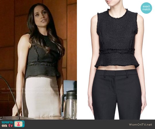 Proenza Schouler Frayed tweed sleeveless peplum top worn by Rachel Zane (Meghan Markle) on Suits