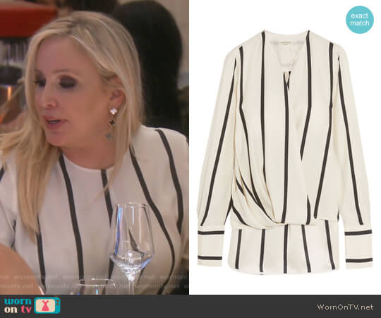 Rag and Bone Max wrap-effect striped silk blouse worn by Shannon Beador on The Real Housewives of Orange County