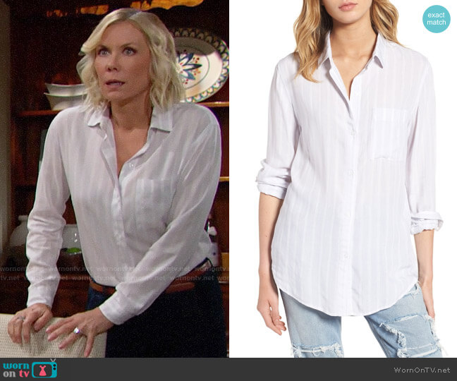 Rails Aly Shirt in Dove Lurex Stripe worn by Brooke Logan (Katherine Kelly Lang) on The Bold and the Beautiful