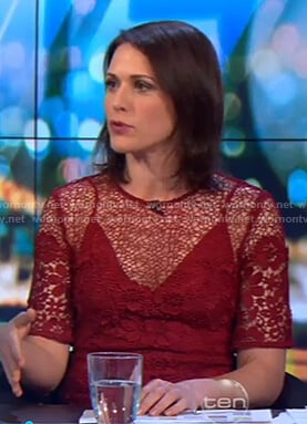 Rachel’s red floral lace dress on The Project