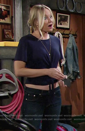 Sharon’s navy tie-front tee and tassel necklace on The Young and the Restless