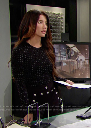 Steffy’s black studded top and button front pants on The Bold and the Beautiful