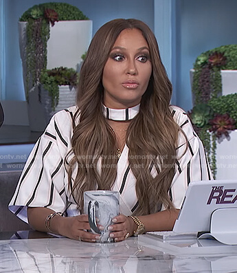 Adrienne’s striped choker neck dress on The Real