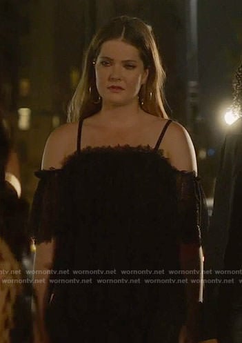 Sutton’s black lace high-low dress on The Bold Type