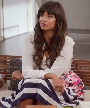 Tahani’s striped and floral print skirt on The Good Place