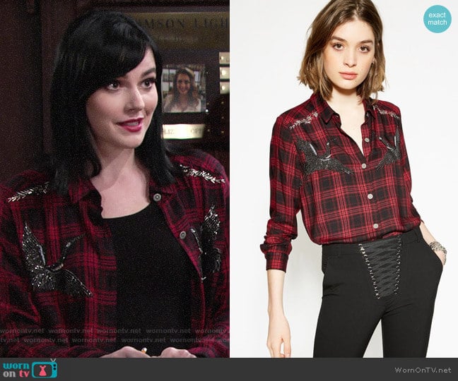 The Kooples Woven Checked shirt with Embroidered Storks worn by Tessa Porter (Cait Fairbanks) on The Young and the Restless