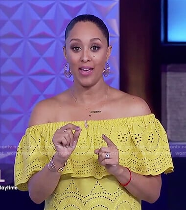 Tamera’s yellow ruffle eyelet top on The Real