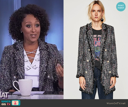 Zara Tweed Jacket with Faux Pearl Button worn by Tamera Mowry on The Real