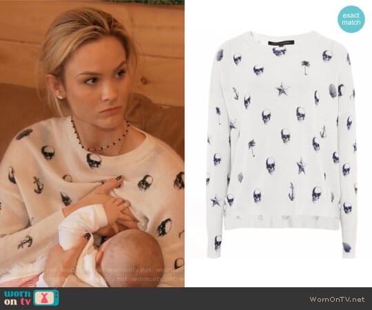 360 Sweater Riley V-Neck Skull-Print Cashmere Sweater worn by Meghan King Edmonds on The Real Housewives of Orange County