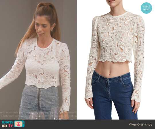ALC Talia Long-Sleeve Cropped Sheer Lace Top worn by Lydia McLaughlin on The Real Housewives of Orange County