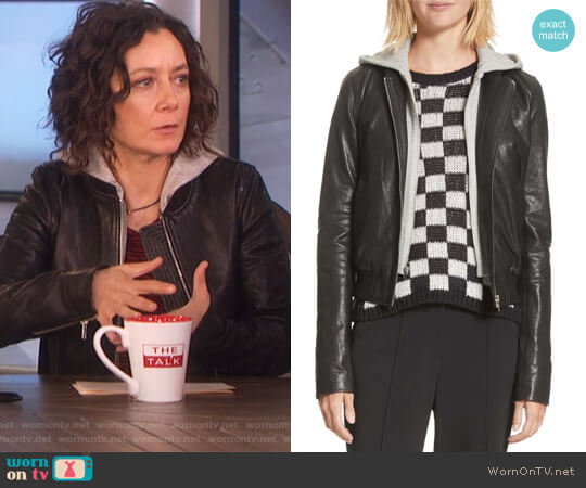 A.L.C. Edison Leather Jacket with Removable Hooded Inset worn by Sara Gilbert on The Talk