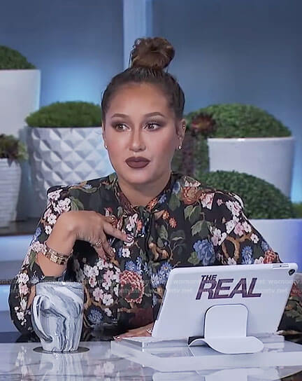 Adrienne’s black floral tie neck dress on The Real