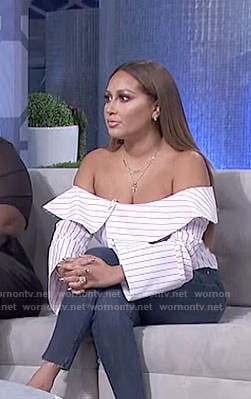 Adrienne’s white striped off-shoulder top on The Real