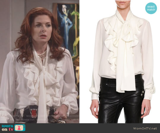 Alexander McQueen Ruffle-Front Tie-Neck Blouse worn by Grace Adler (Debra Messing) on Will and Grace