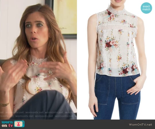 Alice + Olivia Jonie Lace Trim Floral Silk Blouse worn by Lydia McLaughlin on The Real Housewives of Orange County
