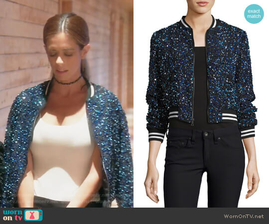 Alice + Olivia Lonnie Embellished Bomber Jacket worn by Lydia McLaughlin on The Real Housewives of Orange County