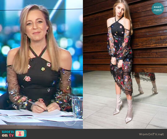Alpha-Be The Label Celine Open Shoulder Midi Dress worn by Carrie Bickmore on The Project