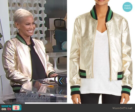 Aqua Metallic Bomber Jacket worn by Sibley Scoles on E! News