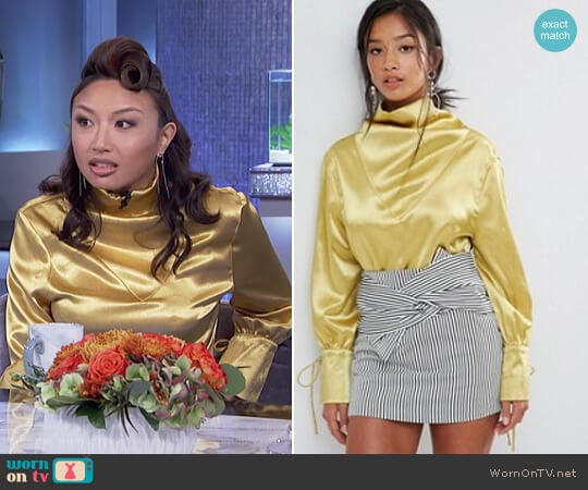 Sister Jane Petite Drapey Blouse In Satin worn by Jeannie Mai on The Real