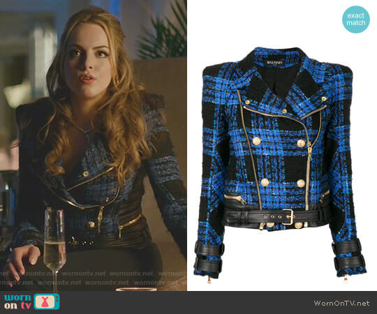 Balmain Tweed Biker Jacket worn by Fallon Carrington (Elizabeth Gillies) on Dynasty