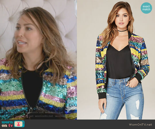 Bebe Sequin Stripe Bomber Jacket worn by Kelly Dodd on The Real Housewives of Orange County