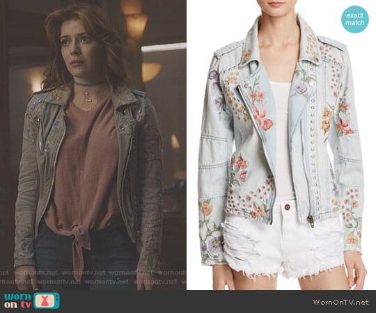 BlankNYC Floral Embroidered Denim Moto Jacket worn by Sonia (Elena Satine) on The Gifted