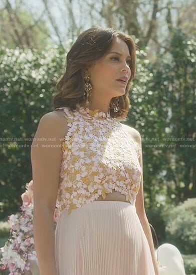 Cristal’s pink floral lace and pleated dress on Dynasty