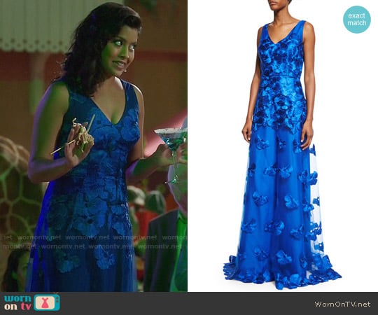 David Meister Sleeveless Floral-Appliqué A-Line Gown worn by Vicky (Tiya Sircar) on The Good Place