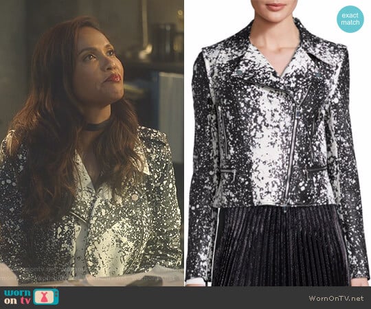 Diane von Furstenberg Joneva Splatter-Print Moto Jacket worn by Mazikeen (Lesley-Ann Brandt) on Lucifer