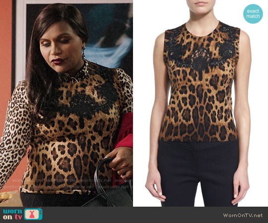 Dolce & Gabbana Lace-Inset Animal-Print Shell worn by Mindy Lahiri (Mindy Kaling) on The Mindy Project