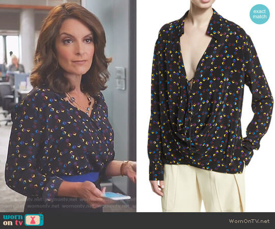 Derek Lam Cuneiform-Print Collared Silk Drape Blouse worn by Diana St. Tropez (Tina Fey) on Great News