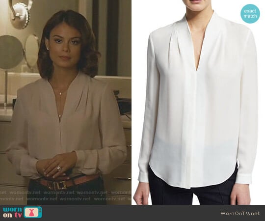 Elie Tahari Judith Long-Sleeve V-Neck Silk Blouse worn by Cristal Flores (Nathalie Kelley) on Dynasty
