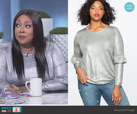 Eloquii Metallic Ruffle Long Sleeve Tee worn by Loni Love on The Real