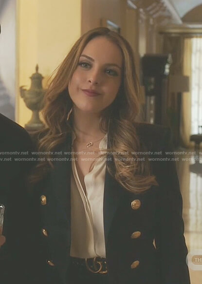 Fallon’s navy double breasted blazer on Dynasty
