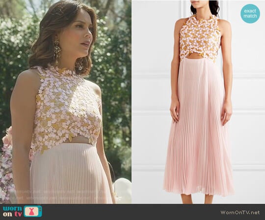 Giambattista Valli Guipure Lace and Pleated Midi Dress worn by Cristal Flores (Nathalie Kelley) on Dynasty
