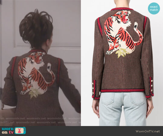 Gucci GG Bengal tiger back jacket worn by Karen Walker (Megan Mullally) on Will and Grace