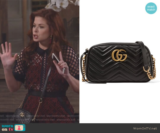 Gucci GG Marmont Camera small quilted leather shoulder bag worn by Grace Adler (Debra Messing) on Will and Grace
