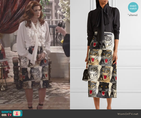 Gucci Printed silk-charmeuse midi skirt worn by Grace Adler (Debra Messing) on Will and Grace