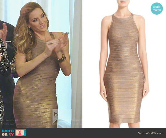 Herve Leger Renata Woodgrain Metallic Foil Bandage Dress worn by Cary Deuber on The Real Housewives of Dallas