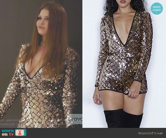 Aro Lora Embellished Deep V Neck Backless Romper worn by Brandi Redmond on The Real Housewives of Dallas