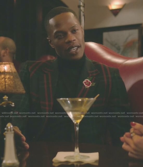 Jeff’s black plaid suit with flower patch on Dynasty