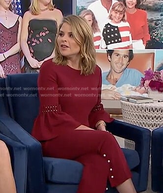 Jenna’s red bell sleeve top with pearls and pants on Today