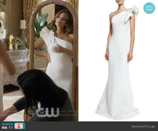 Jovani One-Shoulder Ruffle-Trim Mermaid Gown worn by Cristal Flores (Nathalie Kelley) on Dynasty