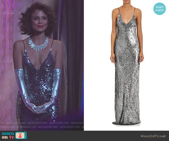 Juan Carlos Obando Metallic Sequined Slipdress worn by Cristal Flores (Nathalie Kelley) on Dynasty